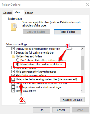 show hidden files and uncheck hide protecting operating system files option