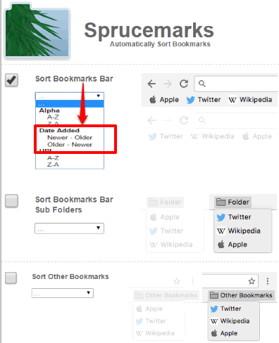 sort bookmarks by date using sprucemarks