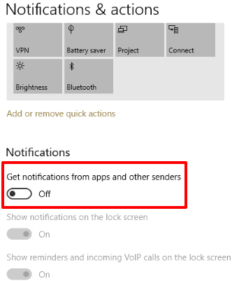 turn off get notifications from apps and other senders option