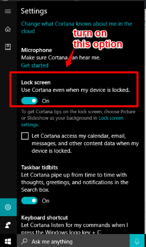 turn on use cortana on lock screen option