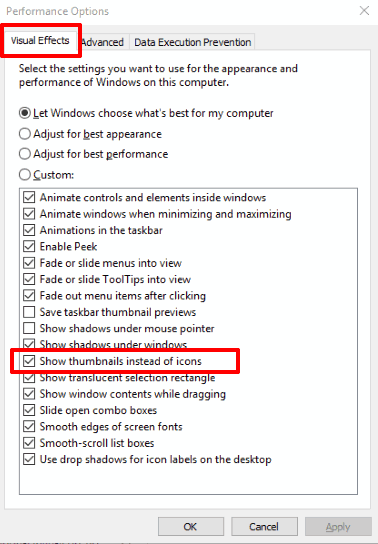 uncheck show thumbnails instead of icons option