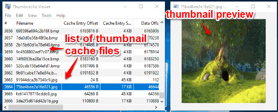 view list of thumbnail cache files and preview thumbnail