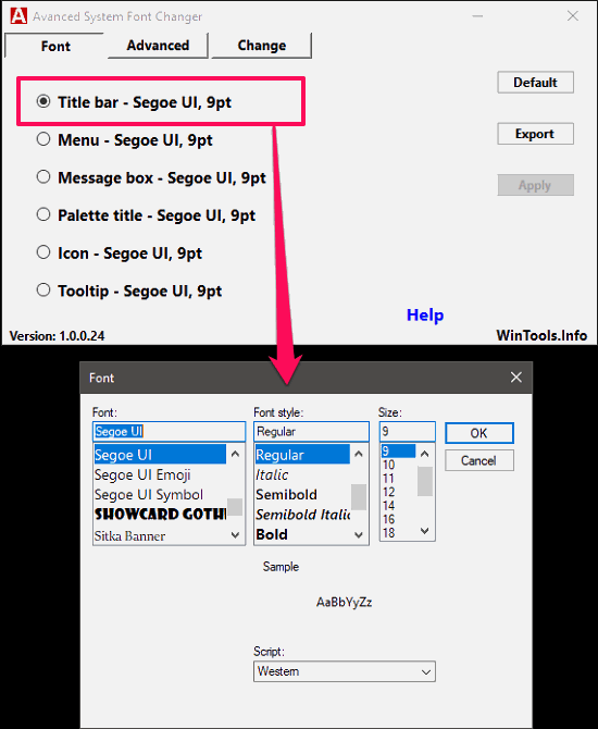 Advanced System Font Changer choosing font