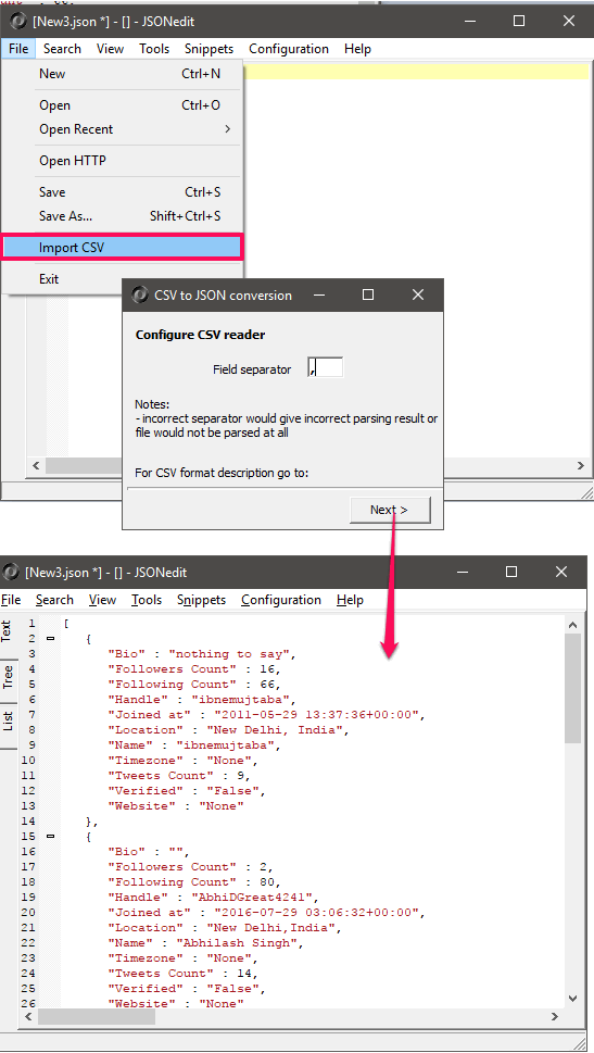 JSOnEdit csv to json convetrer