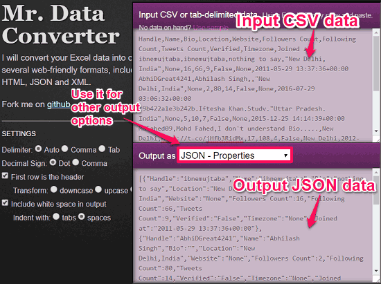 Mr Data Converter convert csv to json