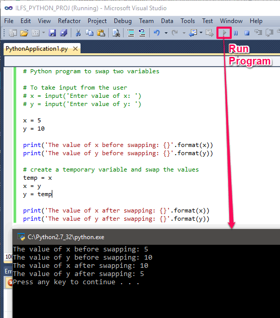Visual Studio running program