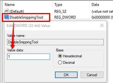 add 1 as value data of disablesnippingtool dword