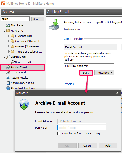 adding outlook accunt mailstore home