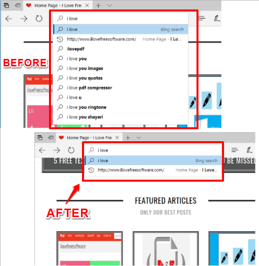 disable showing search suggestions in address bar of Edge browser