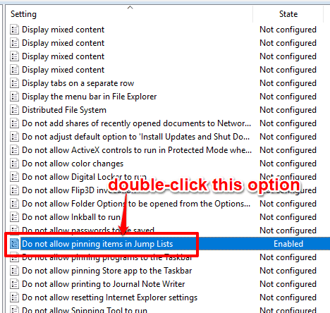 double click do not allow pinning items in jump lists