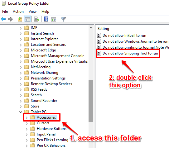 double click do not allow snipping tool option in accessories folder