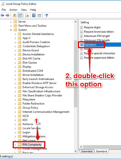 double click expiration option available in pin complexity folder