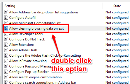 double click on allow clearing browsing data on exit