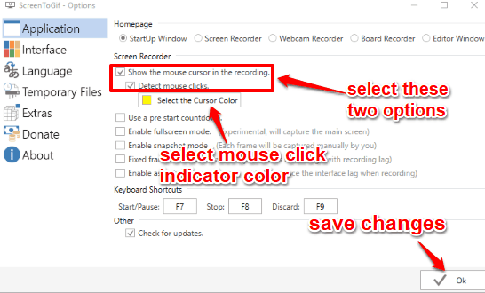 enable the show mouse cursor and detect mouse clicks options