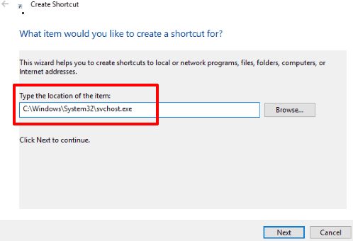 enter path of svchost file