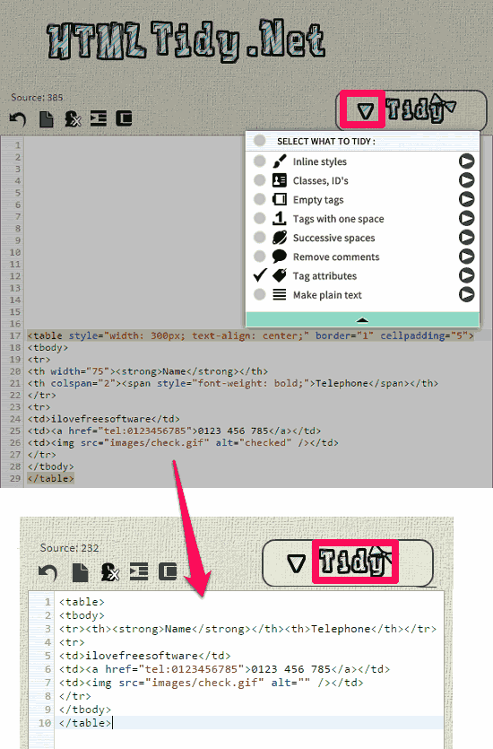 html tidy remove tag attributes