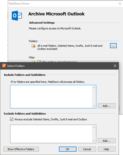 ms outlook choose folder to archive