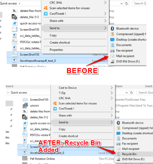 recycle bin added to delete files from quick access