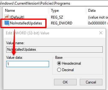 set 1 as value data in noinstalledupdates