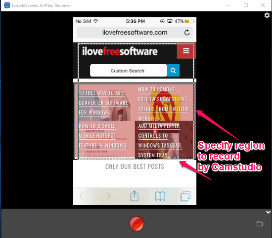 specify iphone screen region to record