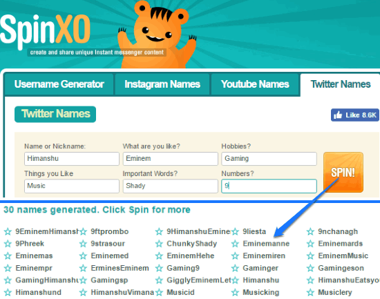 spinxo- online twitter username generator