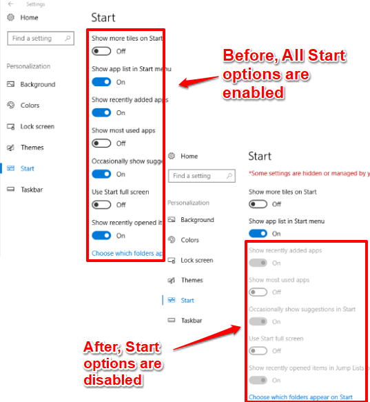 start menu settings are disabled