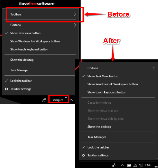 toolbars option removed from windows 10 taskbar context menu