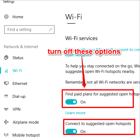 turn off options of wifi sense