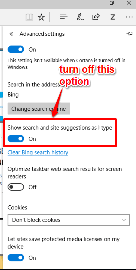 turn off show search and site suggestions as I type option