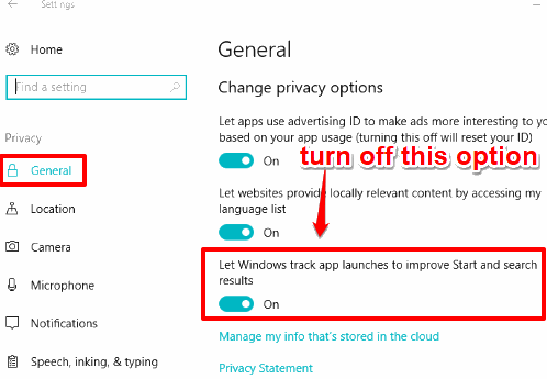 turn off windows track app launches to improve start option