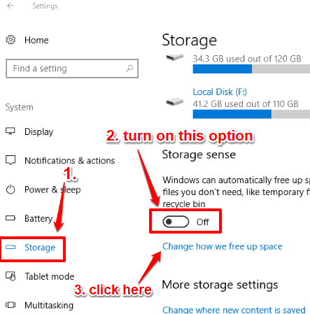 turn on storage sense option and access how we free up space option