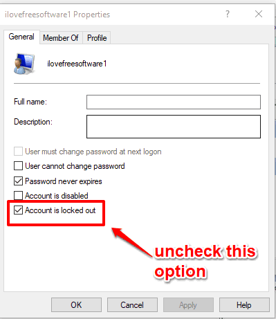 uncheck account is locked out option and save