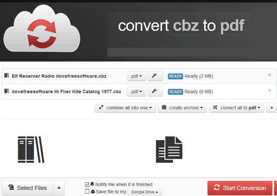 CloudConvert CBZ to PDF converter website