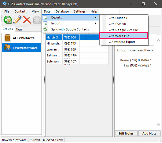 E-Z contact book export to vCard