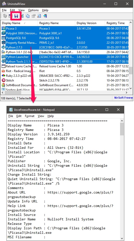 UnistallView program export