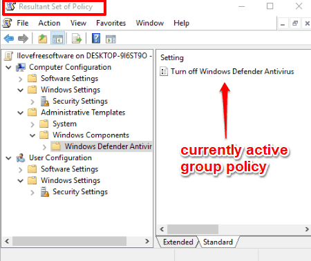 check currently active group policies using resultant set of policy window
