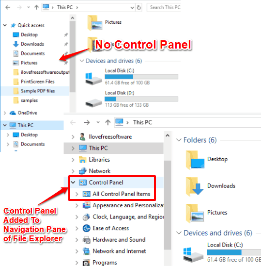 control panel added to navigation pane of file explorer in windows 10