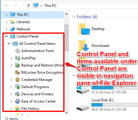 control panel and its items visible in navigation pane of file explorer