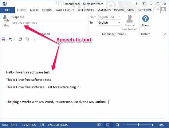 dictate plugin for ms Word in action