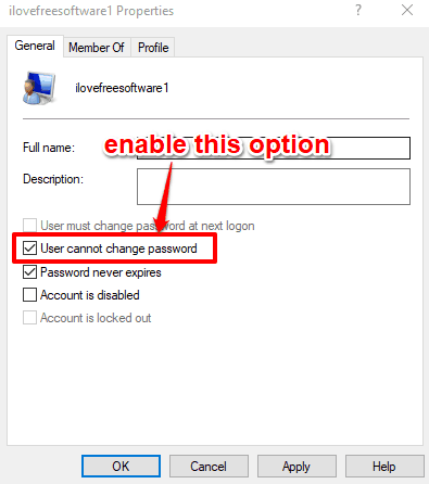 enable user cannot change password option