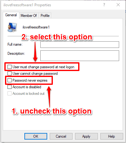 enable user must change password at next logon option