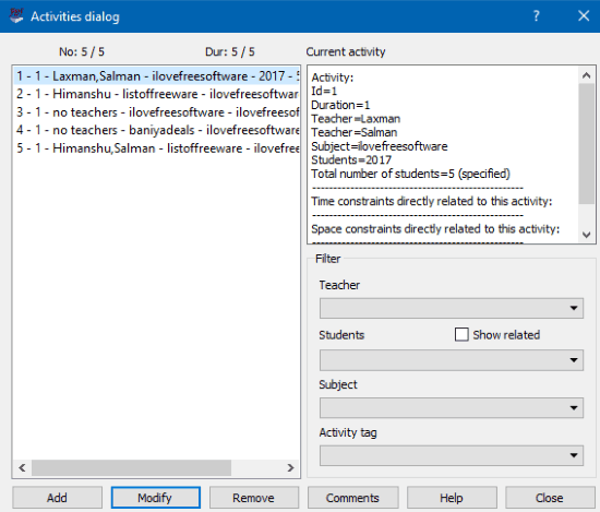 free timetabling software- activities dialog