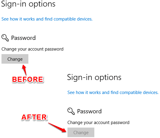 password change option disabled in windows 10