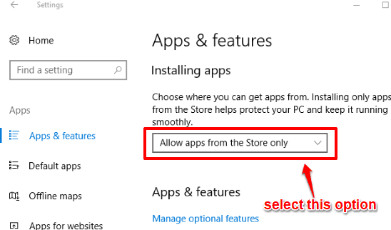 select allow apps from the Store only option