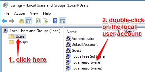 select users folder and then double-click a local user account