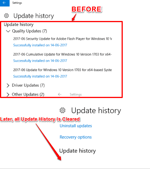 update history list cleared in windows 10