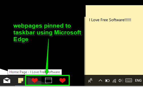 webpages pinned to taskbar using microsoft edge