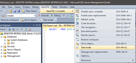 ApexSQL Complete menu