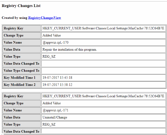 Registry Changes report in html format