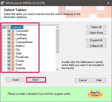 access databse select tables